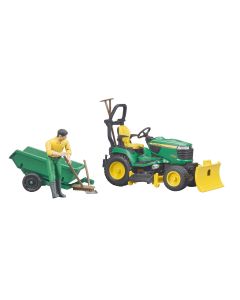 BRUDER JOHN DEERE ZITMAAIER MET AANHANGER EN TUINMAN 621049